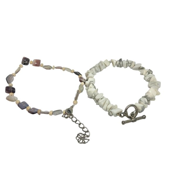 Two Beaded Bracelets With Gemstone Marble-Like Beads Earthy Beach Vibes - Picture 1 of 6